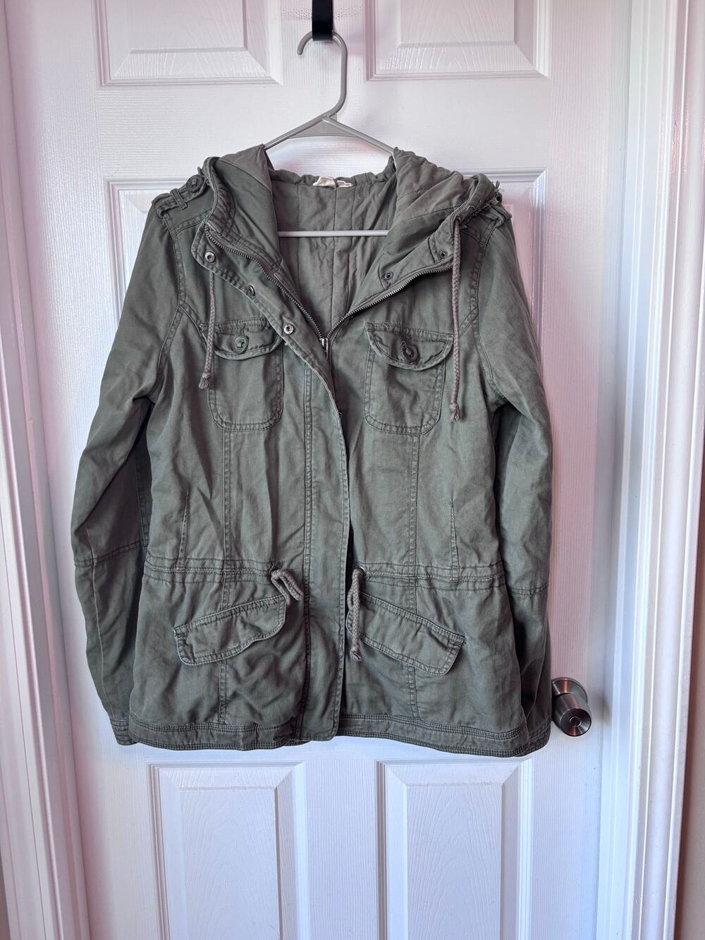 Roxy Women’s Large Olive Green Hooded Military Utility Jacket Lace Detail